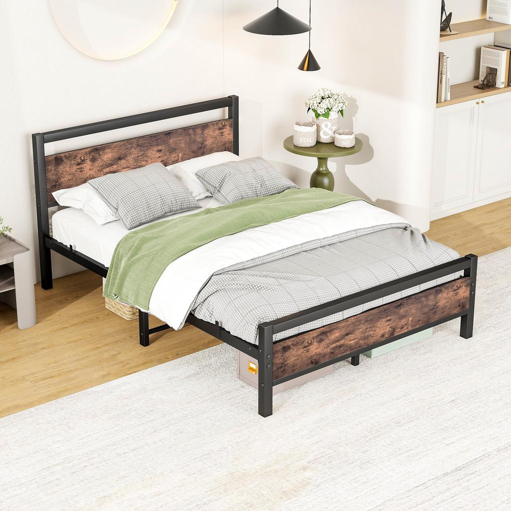Bed Frame 140x190 cm made of Metal & Wood – Stable Single Bed with Slatted Frame & Storage, Guest Bed/Youth Bed
