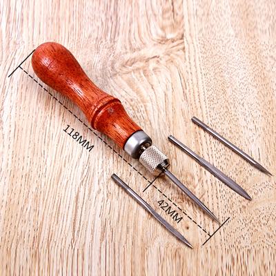 4 In 1 Sewing Punching Hole Maker with Hardwood Handle Pin Punching Handmade Maker Tool Multifunctional for DIY Leather Craft