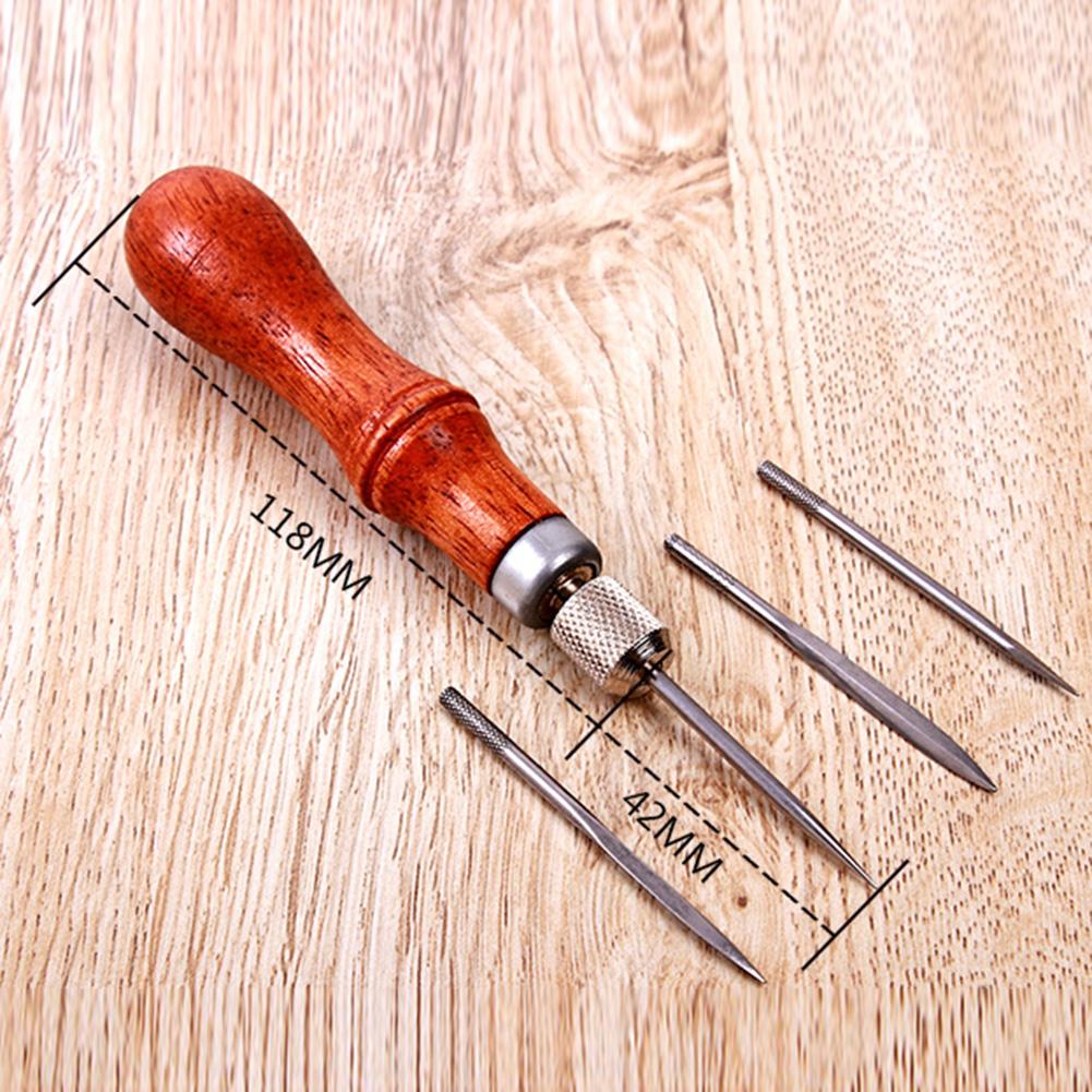4 in 1 Sewing Punching Hole Maker with Hardwood Handle Pin Punching Handmade Maker Tool Multifunctional for DIY Leather Craft