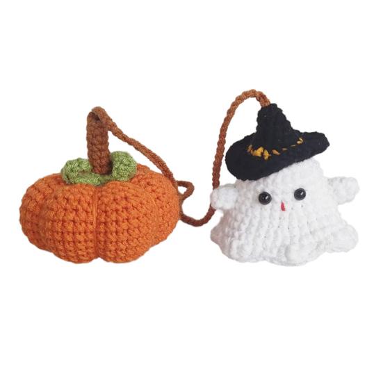 Halloween Crochet Pumpkin And Ghost Car Pendant Handmade Mini Knitted Ghost Pumpkin Hanging Ornament for Car Rear View Mirror Interior Accessories