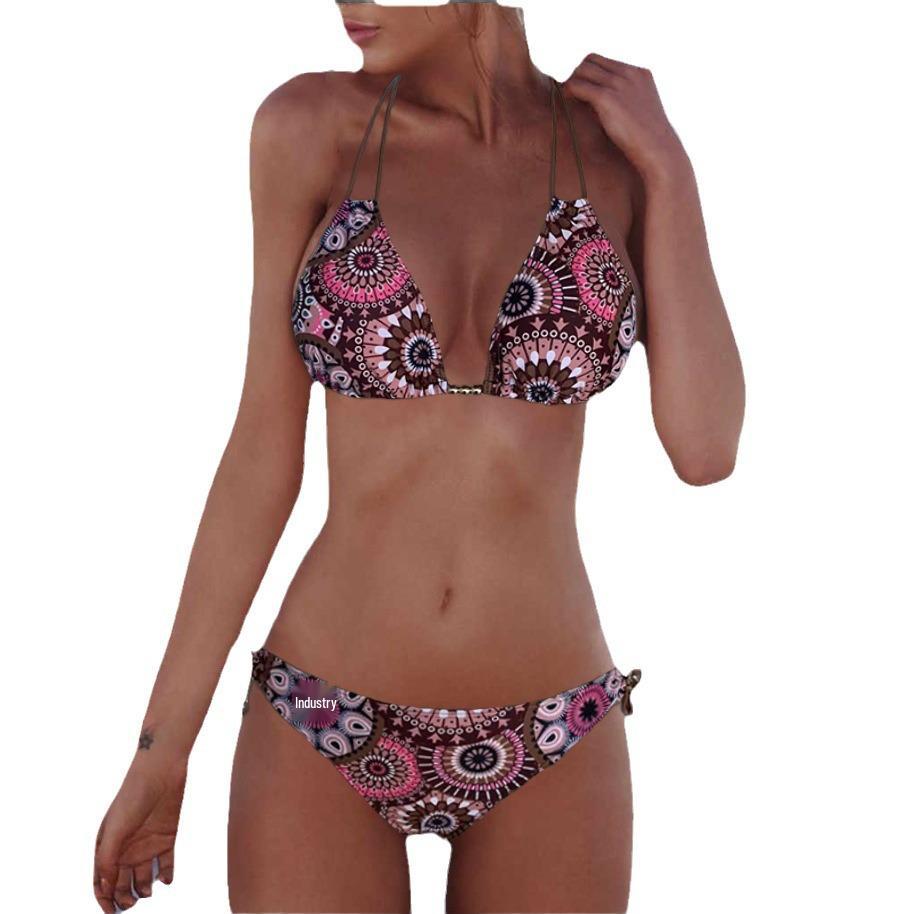 European & American Floral Stripe Split Swimsuit - Women's Sexy Rope Bikini