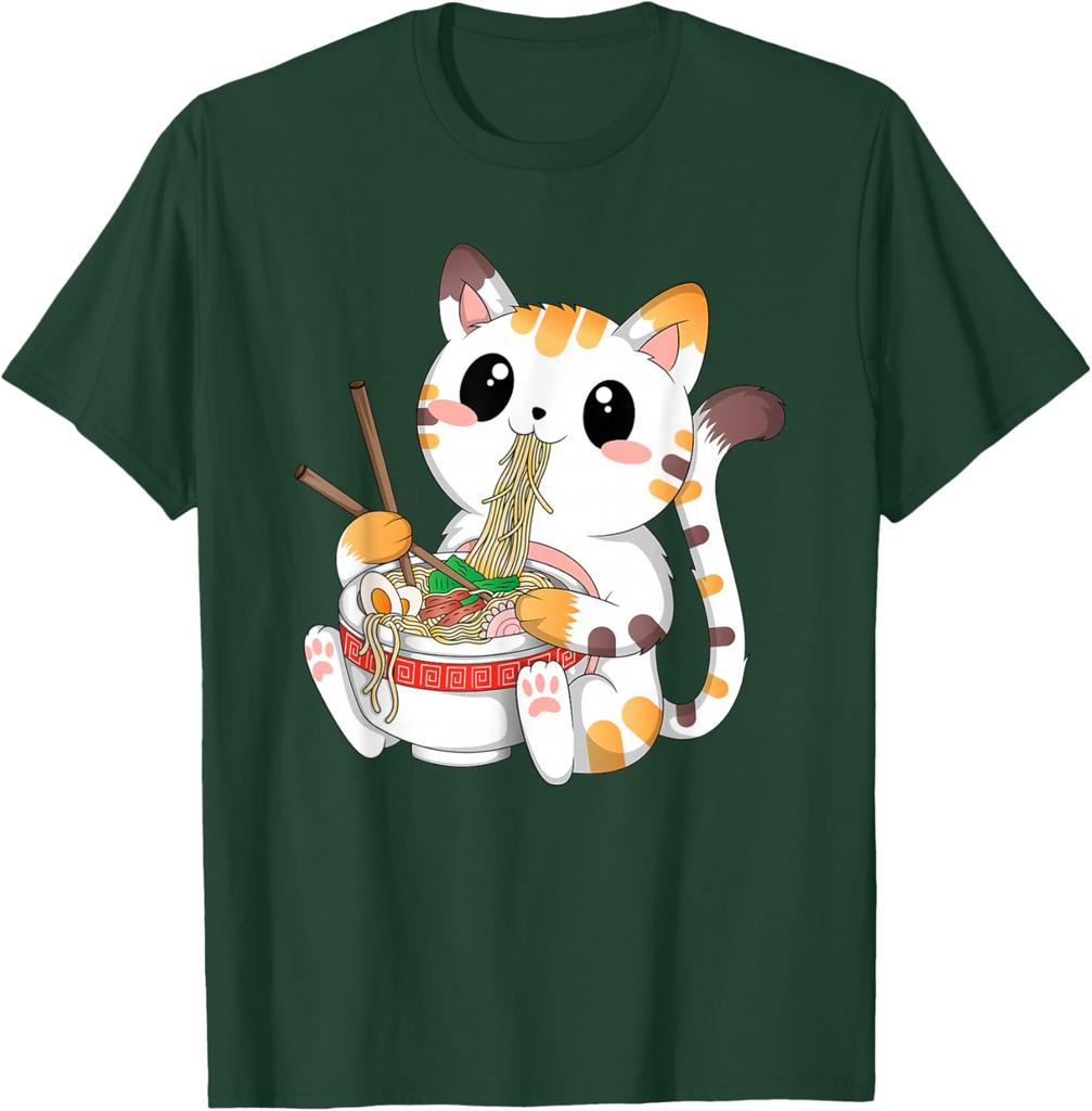 Cute Ramen Eating Kawaii Cat Graphic Tee Anime Neko Lovers Casual Cotton T-Shirt