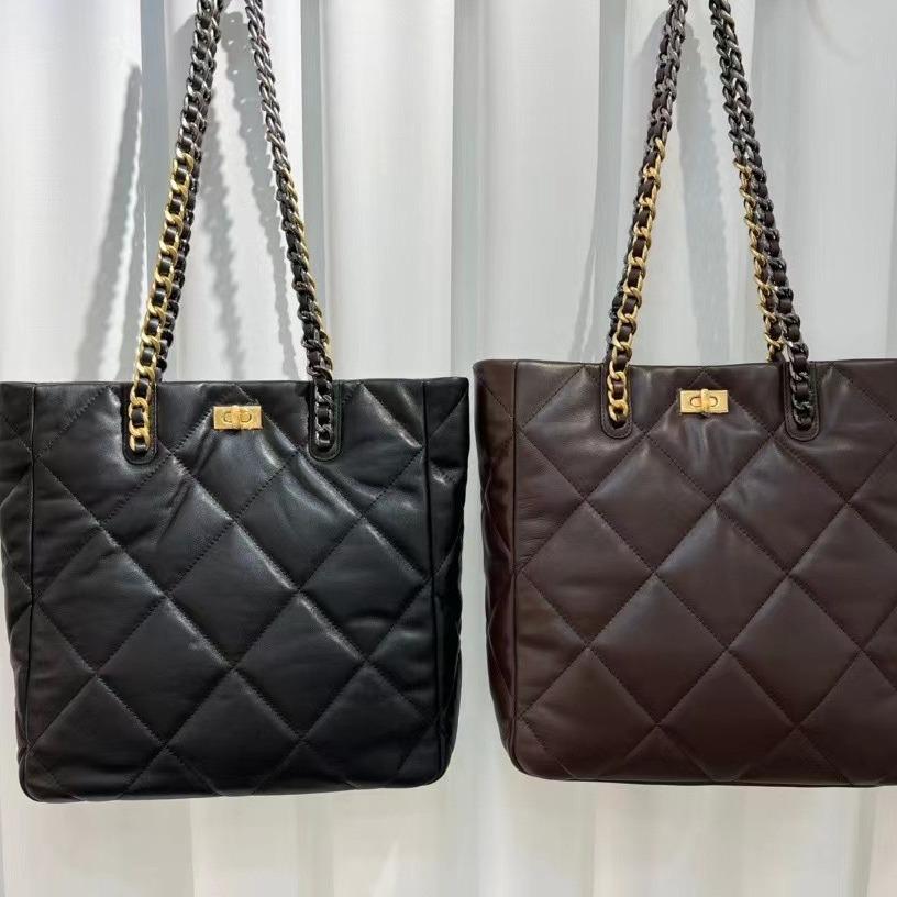 2023 Nová 22B Černozlatá Tote Bag Velká Kapacita Ovčí Kůže Kosočtvercový Řetízek Jednoramenná Podpažní Kožená Dámská Taška