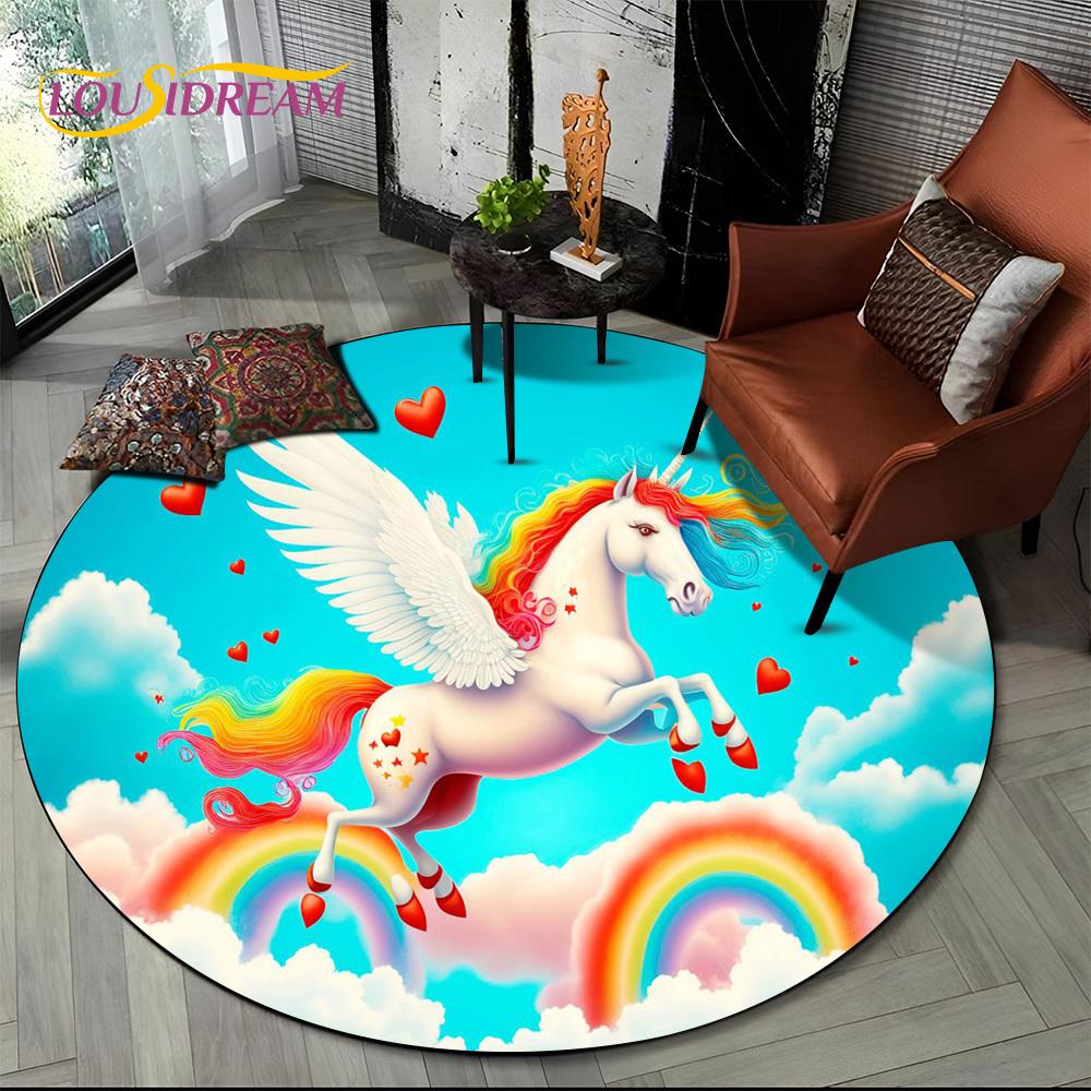 3D Cute Unicorn Cartoon Girl Gift Round Carpet Rug for Living Room Bedroom Child Playroom Decor,Pet Area Rug Non-slip Floor Mat