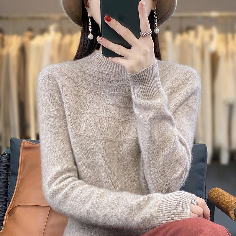 Autumn/Winter Women's Knitwear: Hollow Out Half-High Neck Long Sleeve Loose Slimming Pullover Sweater.