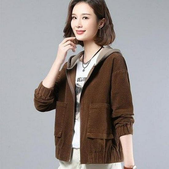 2024 Autumn Women's Plus Size Hooded Corduroy Jacket - Korean Style