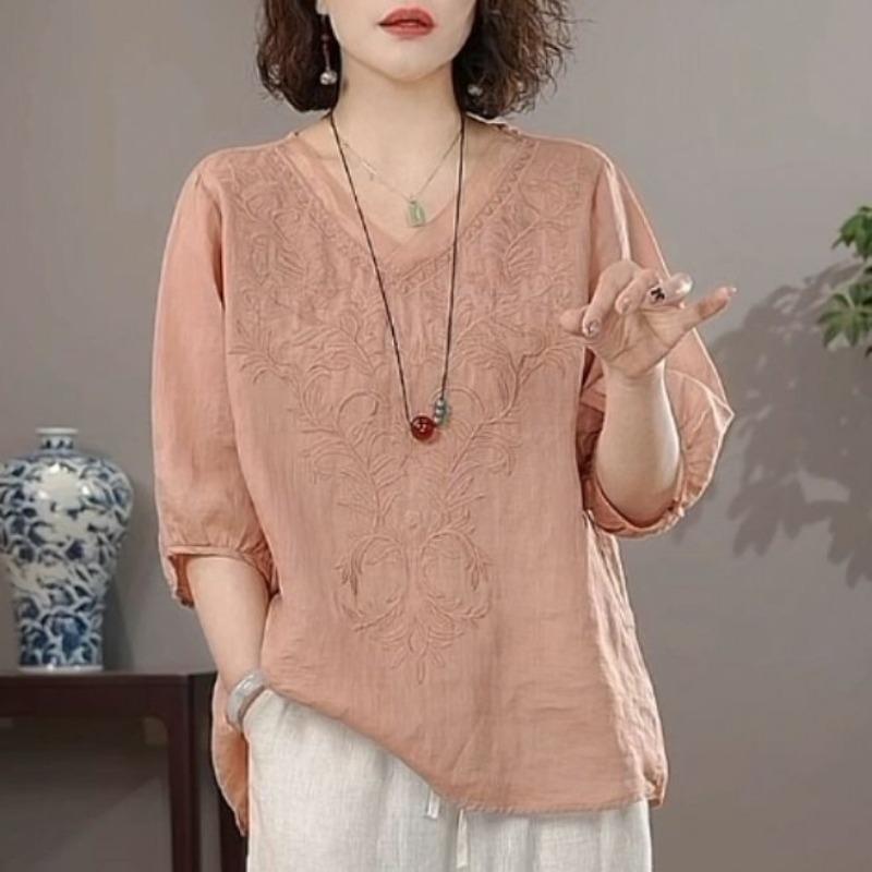 Women Summer New Navy Blue V Neck Floral Embroidery Three Quarter Sleeve Casual Blouse
