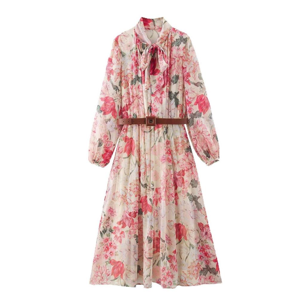 TAOP&ZA Women's Floral Midi Dress with Belt - Spring/Summer Elegant Style