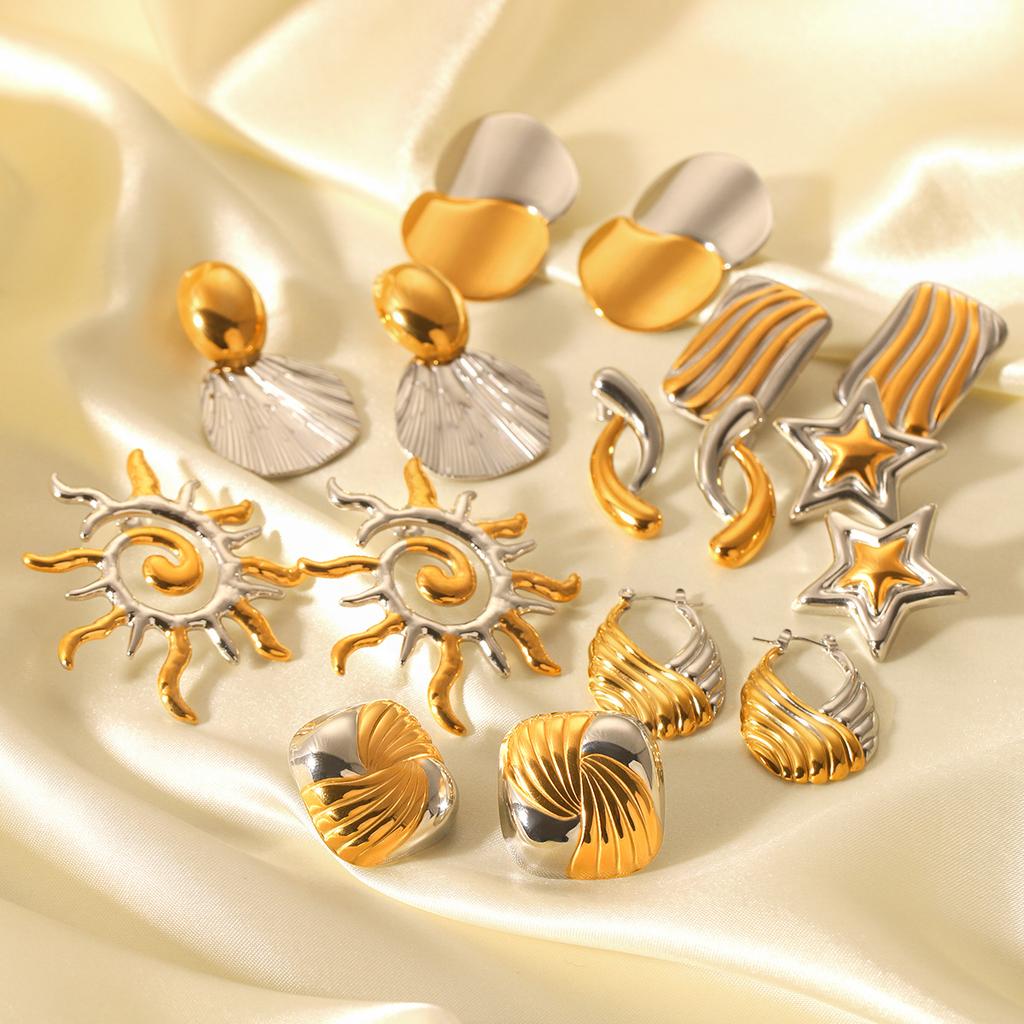 Gold and silver color blocked stainless steel earrings for women, smooth geometric texture, sun pentagram, European and American design, jewelry gift