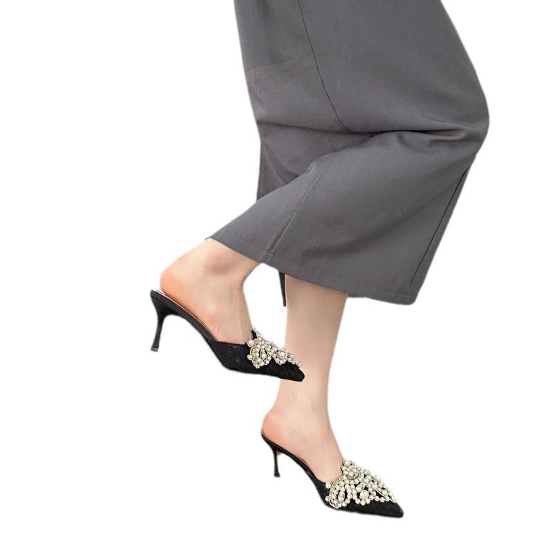 Hot Sale Lace Pointed Handmade String Pearl Rhinestone Slippers High Heels Single Shoes Sandals Wedding Shoes Women