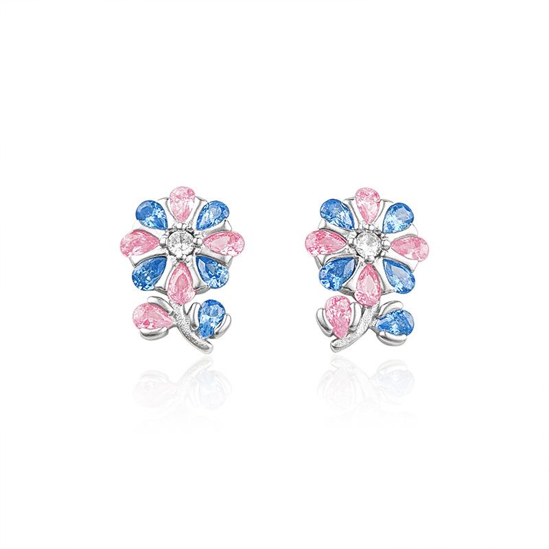 S925 Sterling Silver Blue and Pink Flower Necklace & Earrings Set - High-End Fashion Accessories for Women