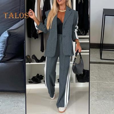 2 Pcs/Set Lady Formal Coat Pants Set Turn-down Collar Single-breasted Long Sleeves Jacket Loose Striped Wide Leg Trousers Casual Daily Wear Commuting