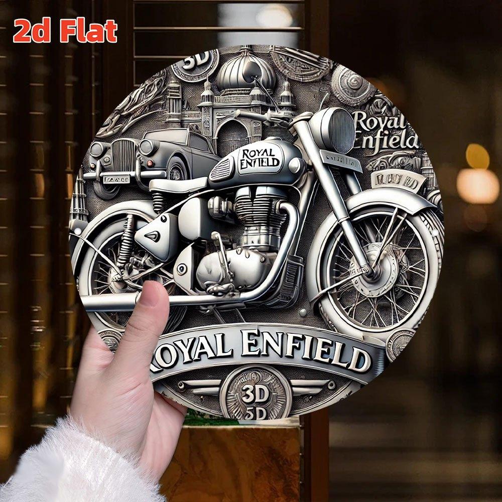 Mfoever Cartello in Latta Vintage Motocicletta Royal Enfield Cartello Rotondo in Latta Metallica Effetto Invecchiato Decorazione Murale per Moto Placca Artistica per Garage Man Cave Bar