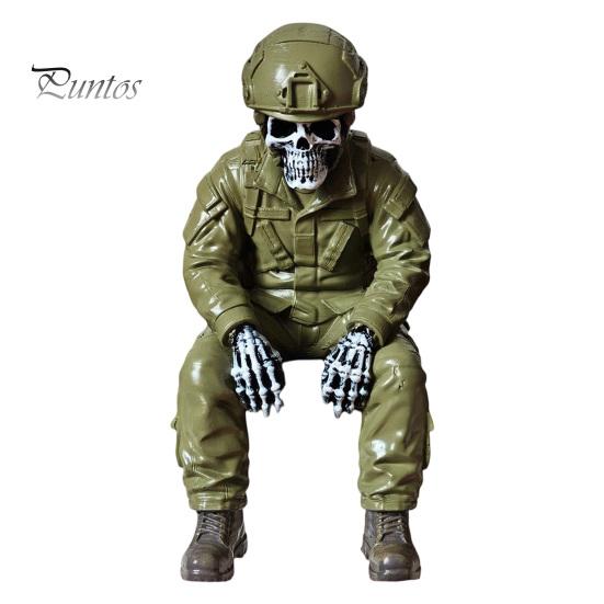 Dark Style Interior Decor Halloween Skeleton Ornament, Policeman/Military Resin Gothic Skull Figurine, Creative Crafts Sitting Pose Sculpture