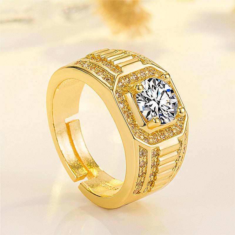Ring gold-plated domineering full diamond ring diamond ring business men's ring color-preserving double row diamond ring