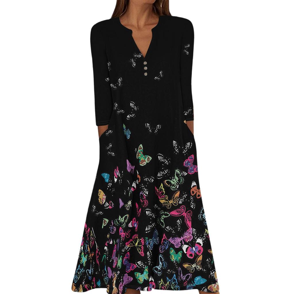 Women's Summer Casual V-Neck Button Vintage Floral Print Three-quarter Sleeve Long Dress With Pockets