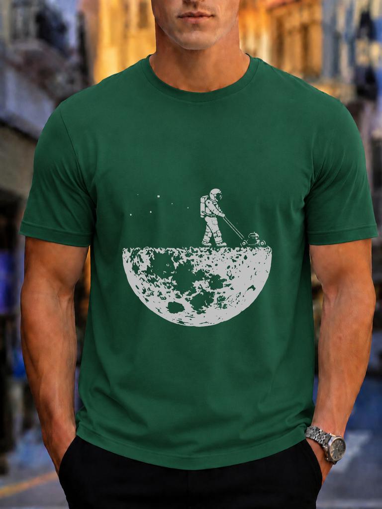 2026 New Arrival Pure Cotton Tshirt Creative Astronaut Mowing On The Moon Print Crew Neck Unisex Top Casual Short Sleeve