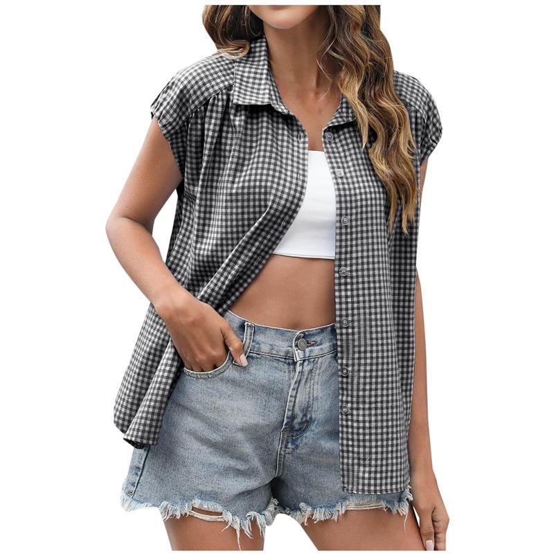 Women s Gingham Cap Sleeve Button Down Shirt Oversized Sleeveless Check Blouse L чёрный