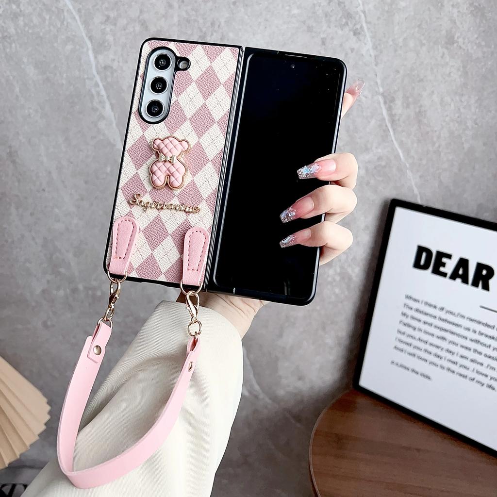 Luxus Mode Business Sle Metall Bär Armband Leder Handyhülle für Samsung Galaxy Z Fold 7 6 5 4 3 Schutz Hülle Rückseite