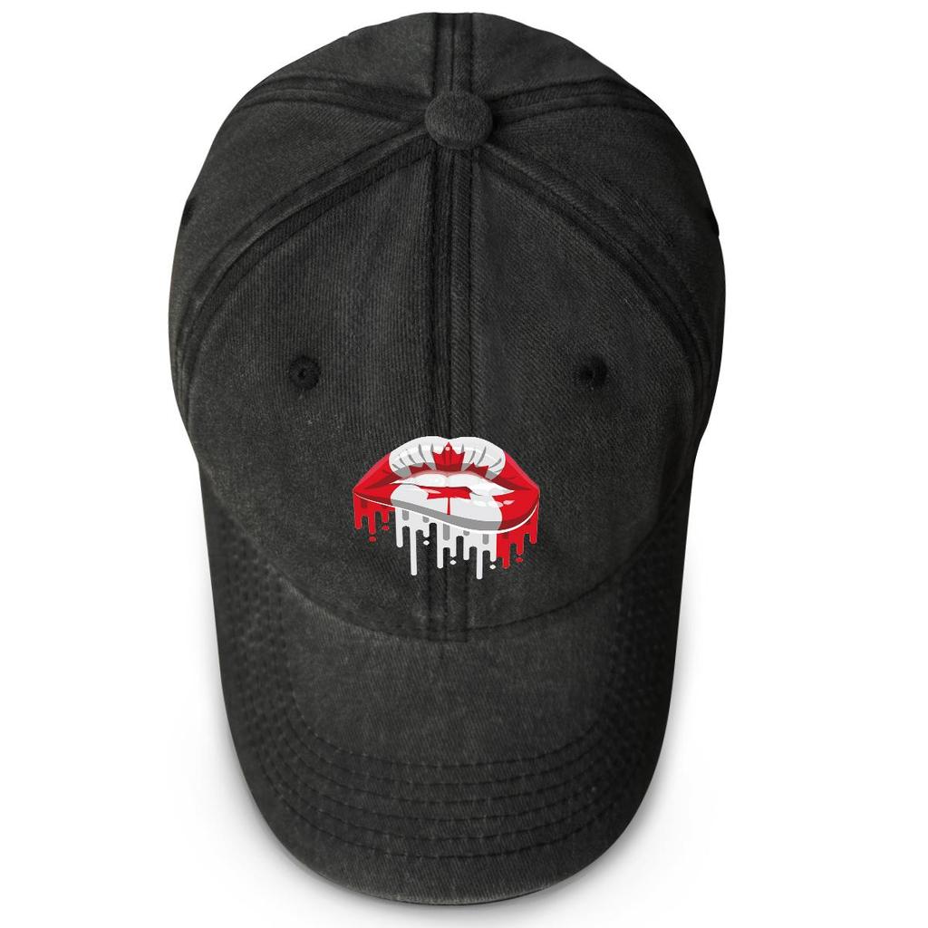 Canada Flag Mouth Print Adjustable Sun Hat, Patriotic Flat Cap Stylish Adjustable Strap Casual Slouchy Snapback Baseball Hat