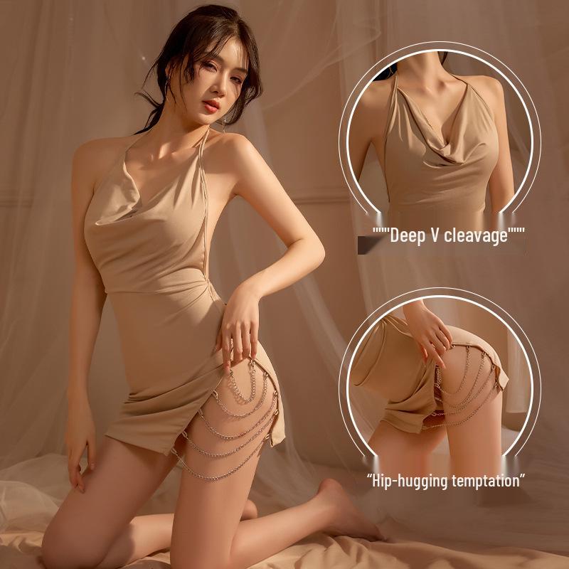 Aesthetic Sexy Lace Lingerie Set: Backless Slit Camisole Nightgown