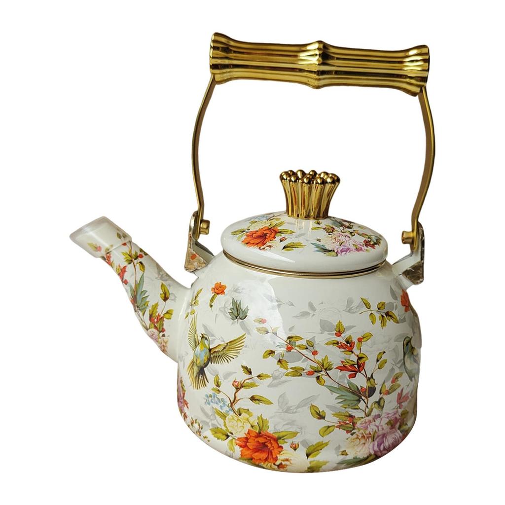 Elegant Enamel Teapot with And Floral Pattern; for Home, Office Cafe