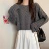 Women's Sage Green Cable Knit Crop Sweater Loose-fit Crew Neck Casual Knitted Top
