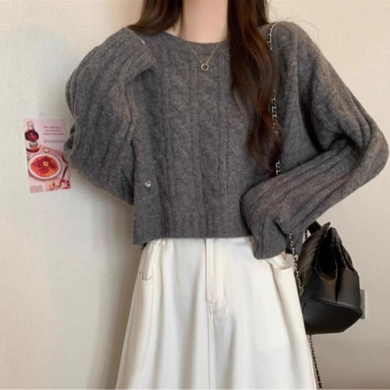 Женский укороченный свитер крупной вязки цвета шалфея, свободного кроя, с круглым вырезом, повседневный вязаный топ OneSize серый