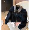 Patchwork Zipper Cropped Cardigan Women Thick Autumn Knitted Sweater Bomber Jacket Vintage Short Fitted Knitwear Coat