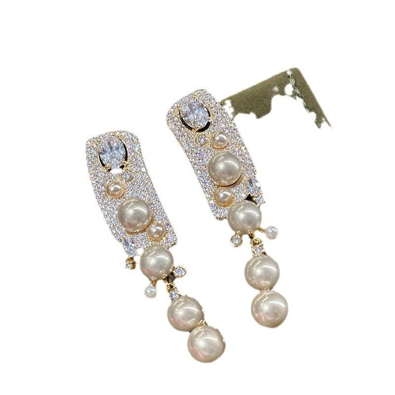Vintage French Style Geometric Pearl Drop Earrings With Rhinestone Accents For Women