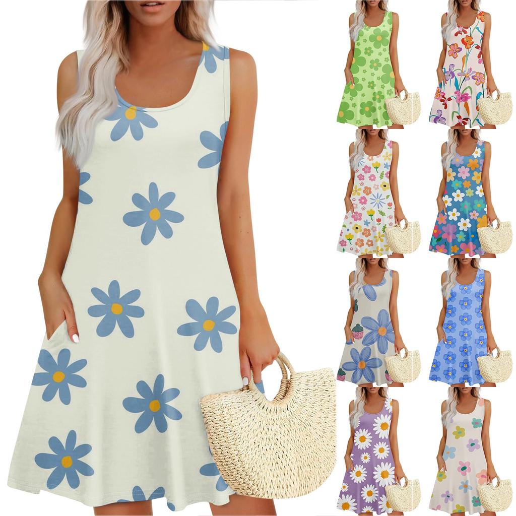 Women's Summer Floral High Waist Bohemian Dress Casual Hawaiian Flowing V Neck Holiday Dress