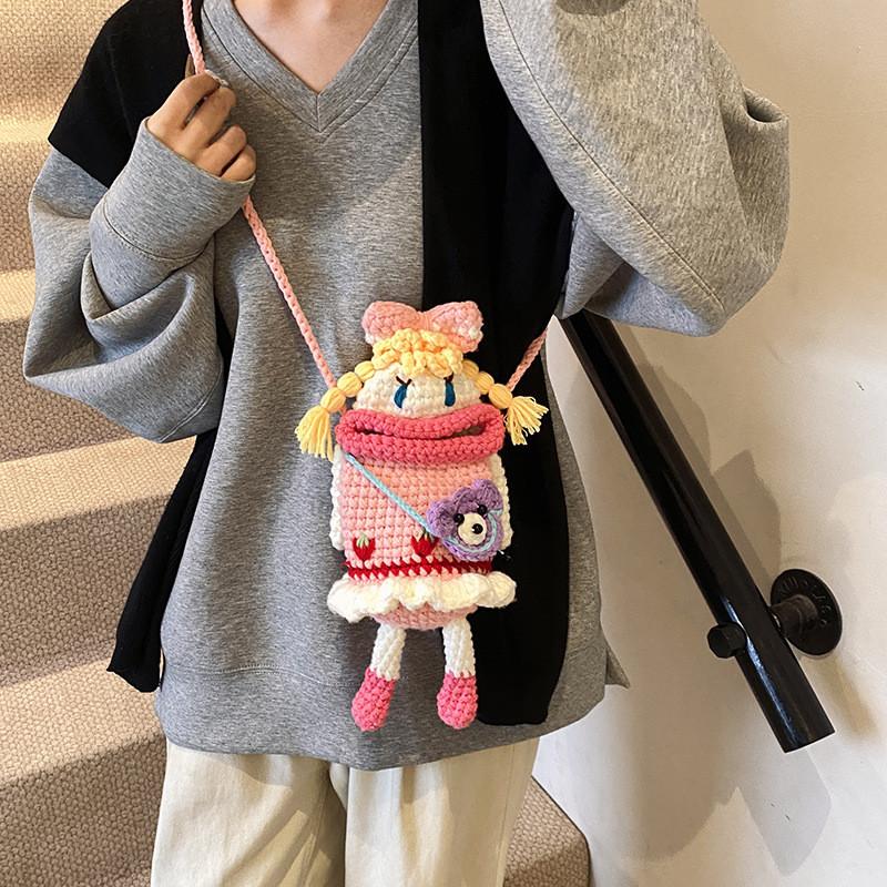 Knitted Pink Lovely Crossbody Bag For Children Featuring Cute Cartoon Motif Doll
