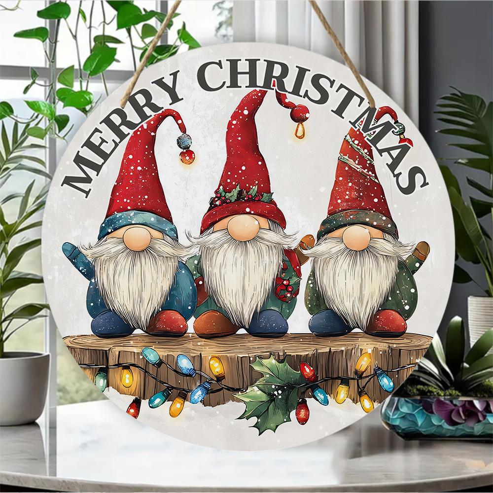 Vintage Nordic Gnome Patterned Round Wooden Hanging Plaque Indoor Outdoor Wall Decor Front Door Sign Festive Home Holiday Party Ornament