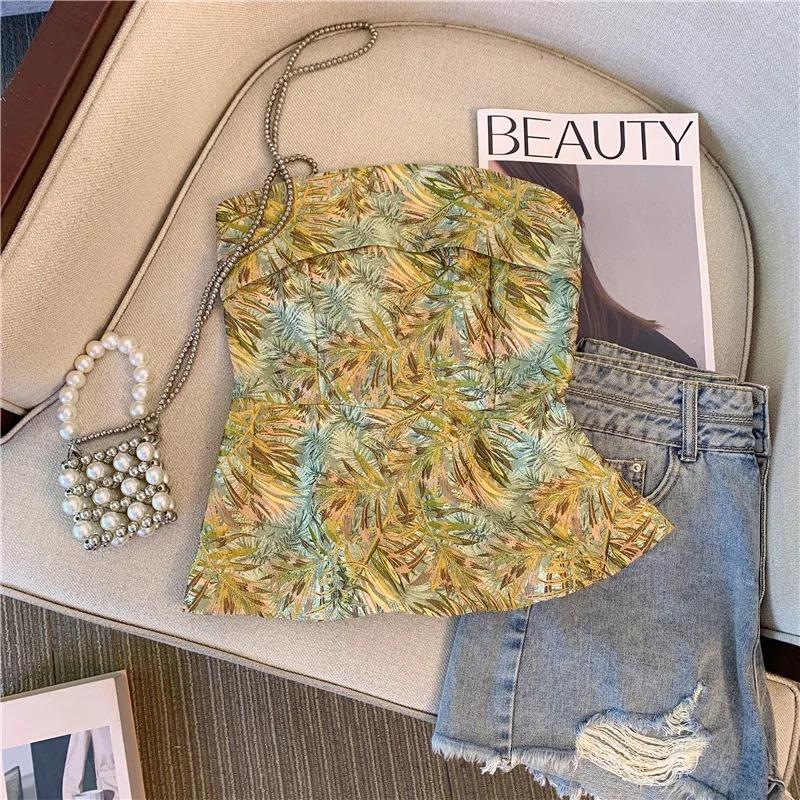 

Женский укороченный топ-бандо с тропическим принтом, облегающий, без рукавов, с открытой спиной, летний топ-майка S зелёный