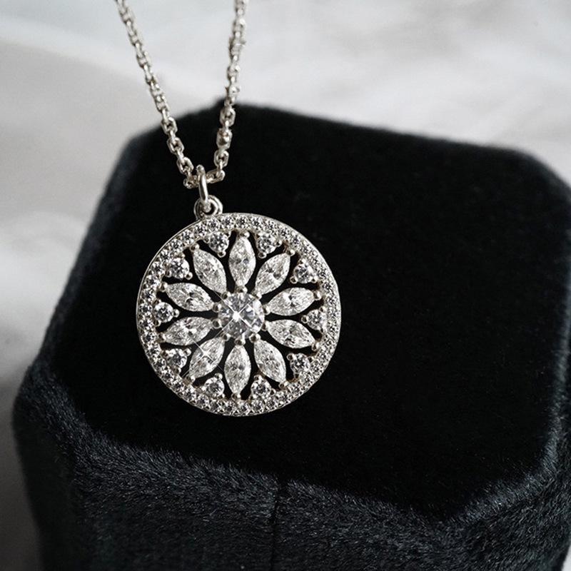 Gold Plated CZ Floral Medallion Pendant Necklace, Vintage Sparkling Round Necklace for Women