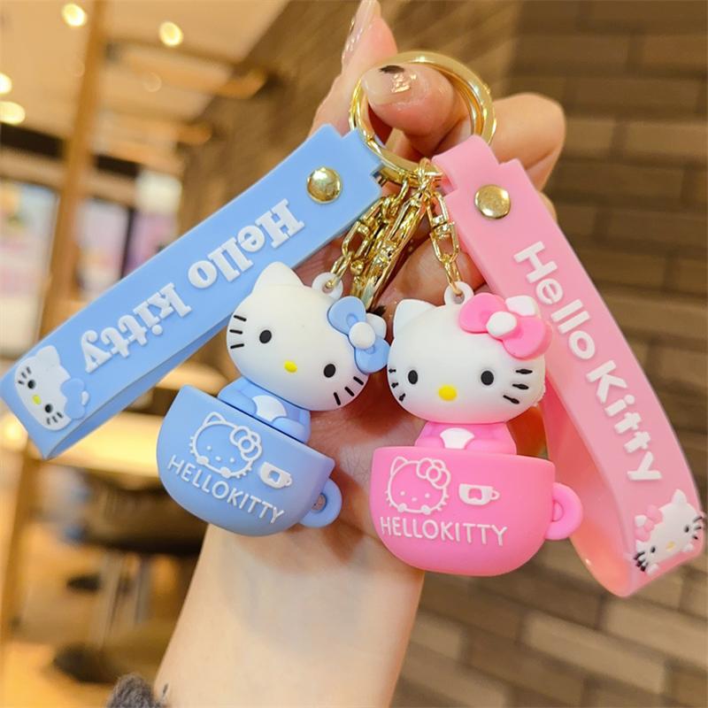 Cute Cartoon Hello Kitty Keychain Teacup Key Chain Women Girl Schoolbag Shoulder Bag Car Keyring Kid Kawaii Gift Festival gifts