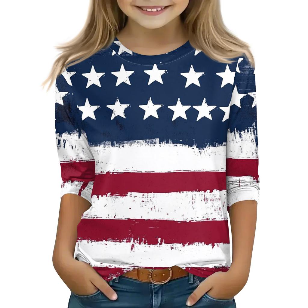 Druckoberteile für junge Mädchen 3-10 Jahre Rundhals 3/4-Ärmel T-Shirts Trendige Oberteile Outfit T-Shirts