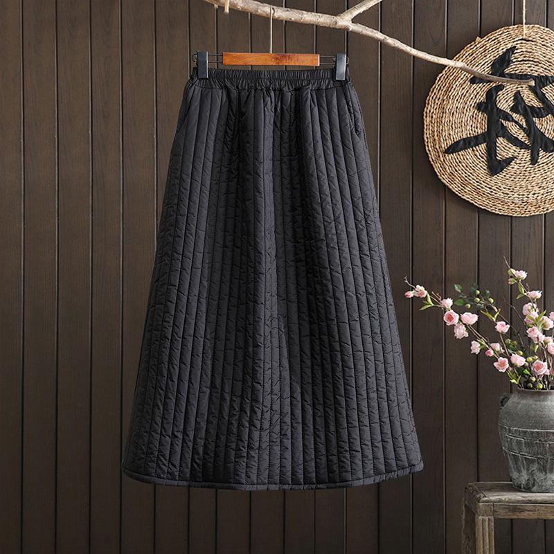 2025 Autumn/Winter Women's Striped Padded Half-Skirt: Elastic Waist, Solid Color A-Line Cotton Design.