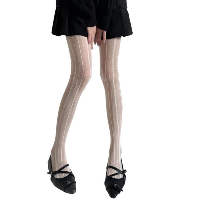Fashion Women's High Waist Fishnet Pantyhose Elegant Vertical Striped Patterned Breathable Sheer Mesh Tights Stockings