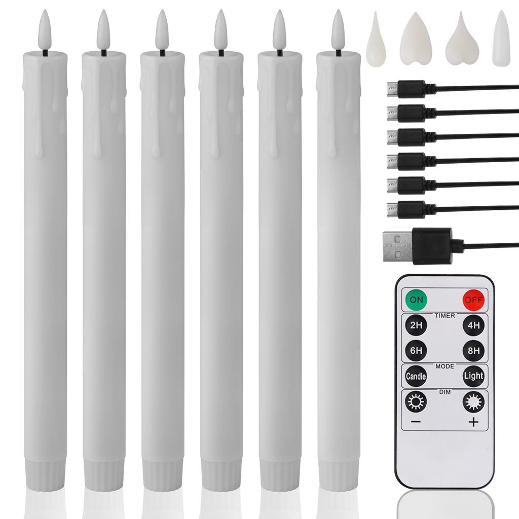 6/12pcs Rechargeable LED Flickering Flameless Taper Candles 4 Type Head with Remote Control Battery Operated Home Decor Candle