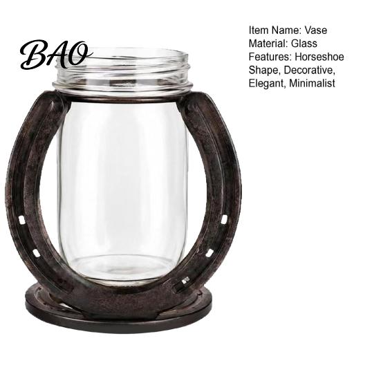 Horseshoe Shaped Desktop Decor Flower Vase, Rustic Metal Frame with Thoughtful Gift for Gardeners Clear Glass Jar, Western Farmhouse Floral