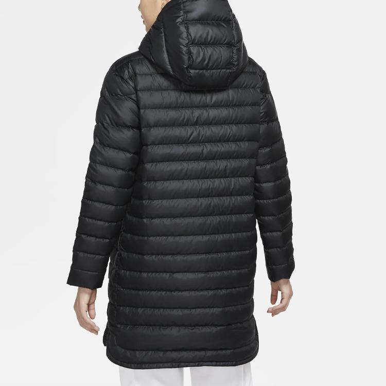 Nike Sportovní oblečení Windrunner Teplá péřová bunda jednobarevná střední délky s kapucí Zimní dámské svrchní oblečení Černá CU5092-010