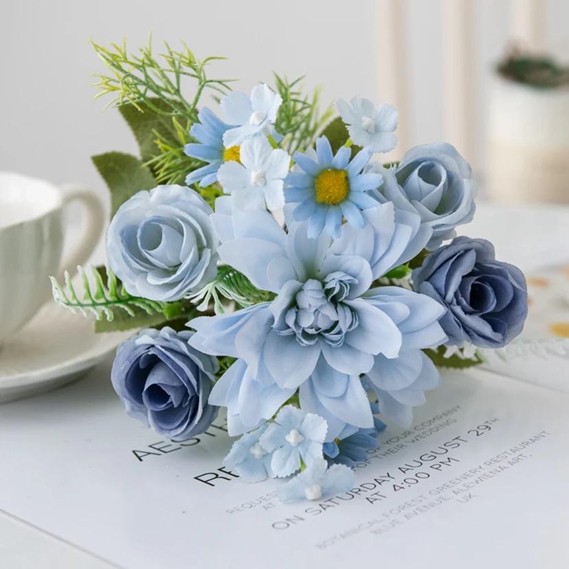 1Pc Artificial Flowers Dahlia Little Roses Combination Wedding Bridal Bouquet Festival Wreath Home Floral Arrangement Room Decor