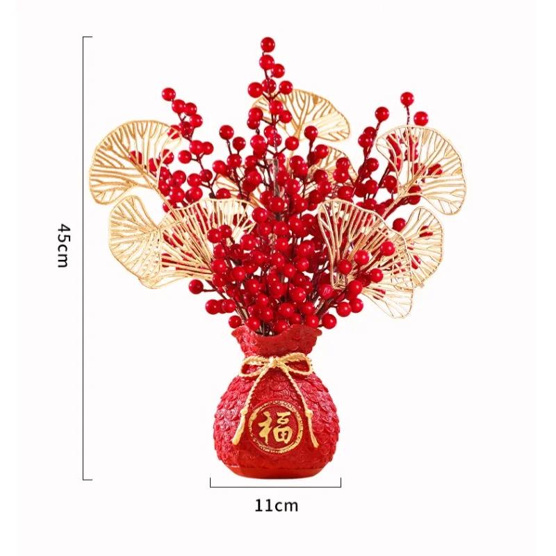 Chinese New Year Decoration Flower Basket, Christmas Red Berry Branches and Artificial Plants, Wedding, Dining Table Decoration
