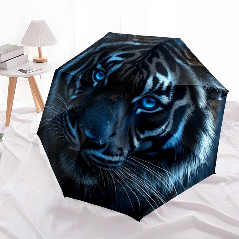 Ferocious Tiger Pattern, Automatic Folding Umbrella, Portable and Foldable Design, 8 Ribs, a Christmas or Birthday Gift.