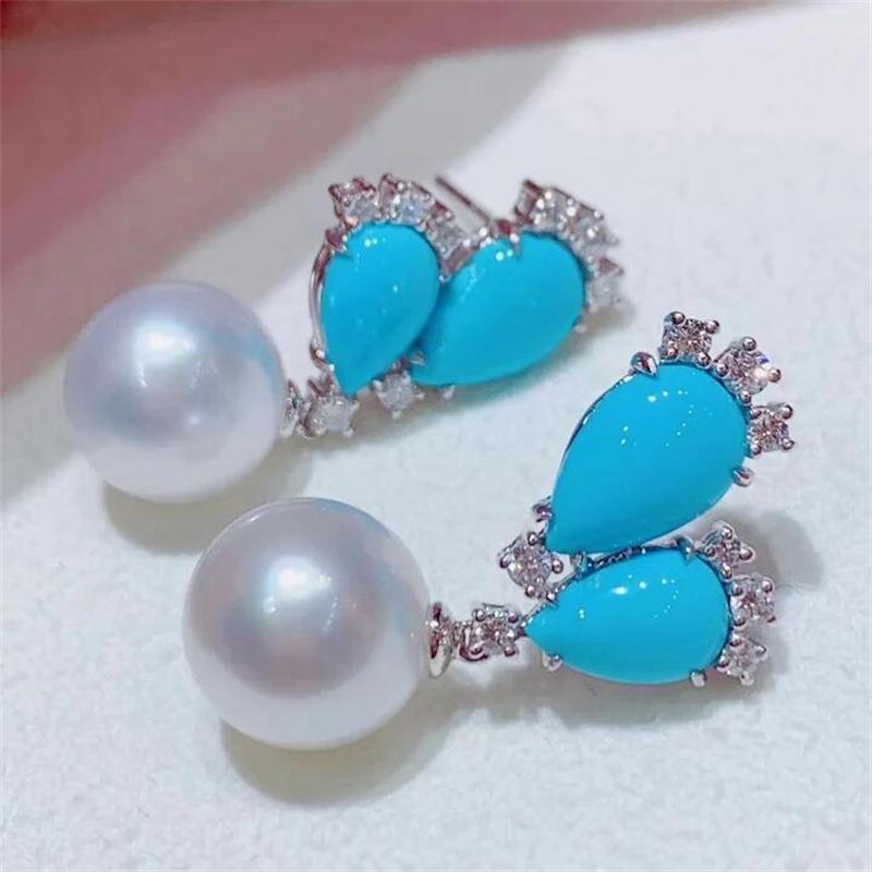 Exquisite Circular Imitation Pearl Earrings Women Trendy Silver Color Water Droplet Inlaid Zircon Blue Stone Dangle Earrings