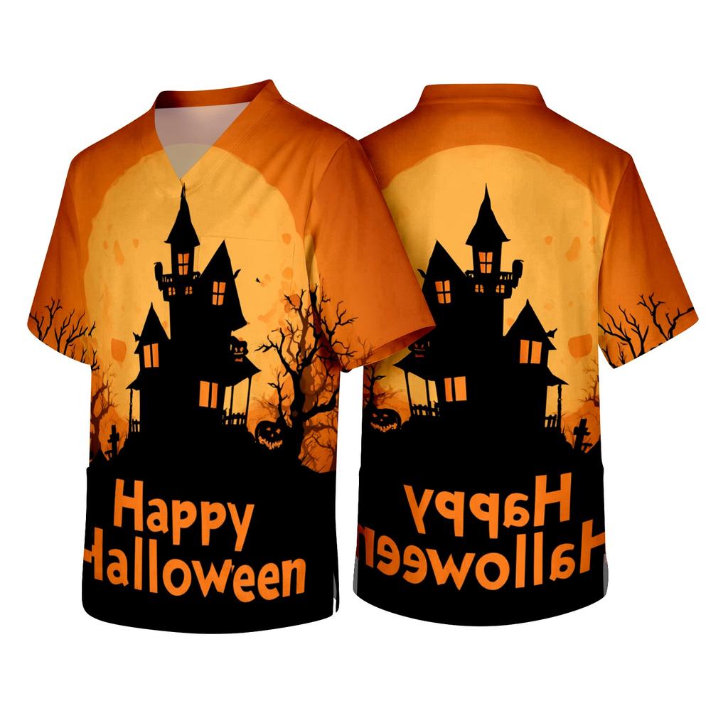 Men V Neck Short Sleeve Halloween Print Top with Chest Pocket for Healthcare Workers Comfortable Fit Scrub Shirt