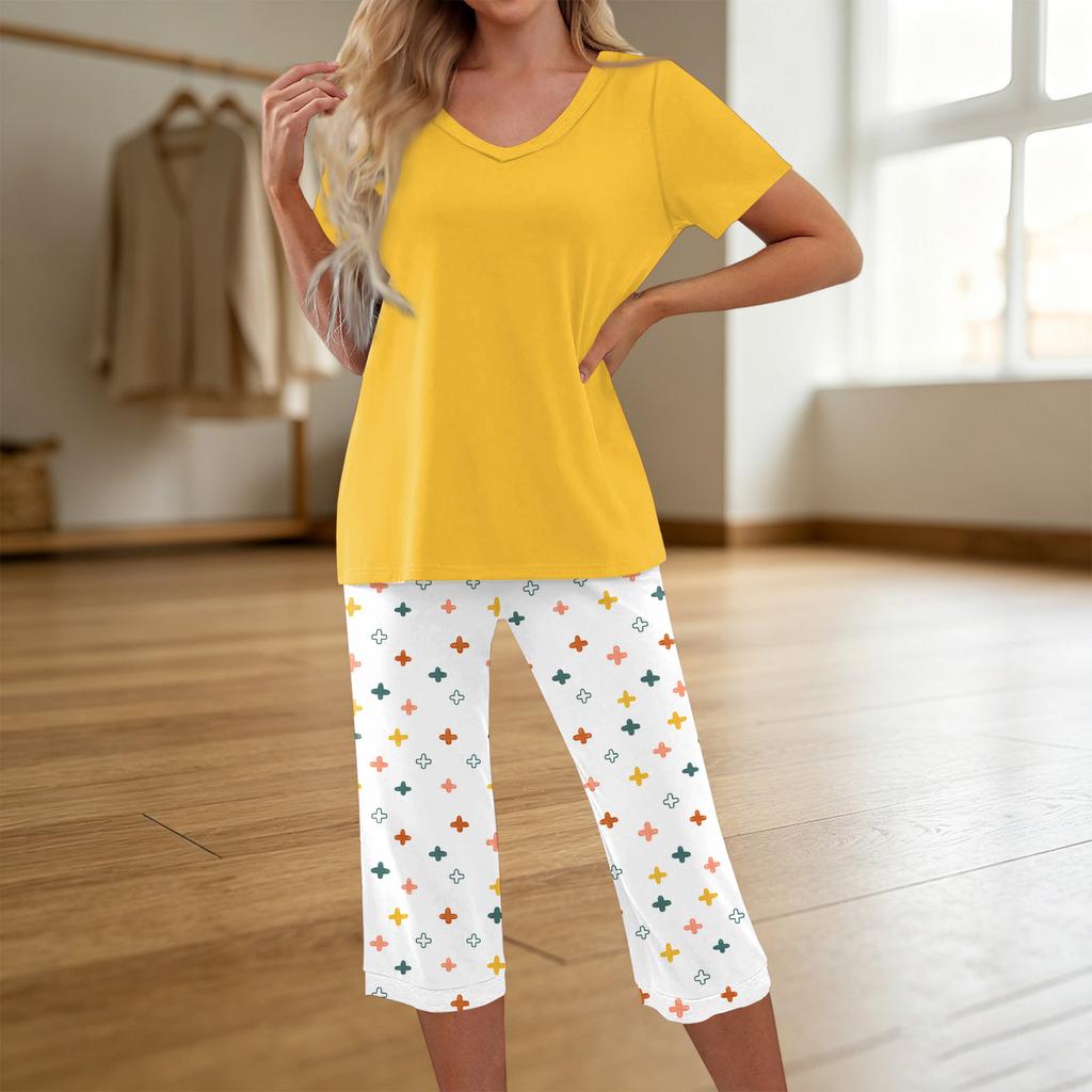 Women's Printed Two Piece Short Sleeve Pajama Set with Pants for Casual Sleepwear