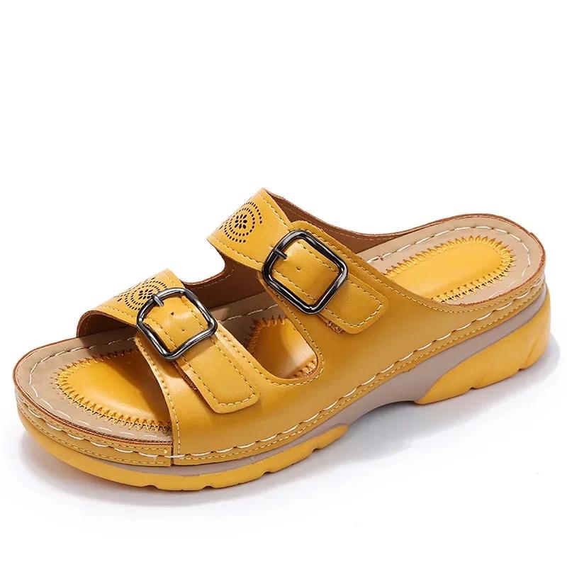 2025Women Closed Toe Summer Shoes New Comfort Double Buckle Wedge Ladies Sandals Plus Size Platform Casual Slippers Women