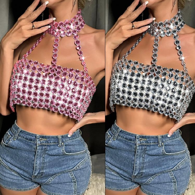 Rhinestones Diamond Body Chain Bra for Women Crystal Backless Chest Chain Halterneck Mesh Crop Top Harness Body Jewelry
